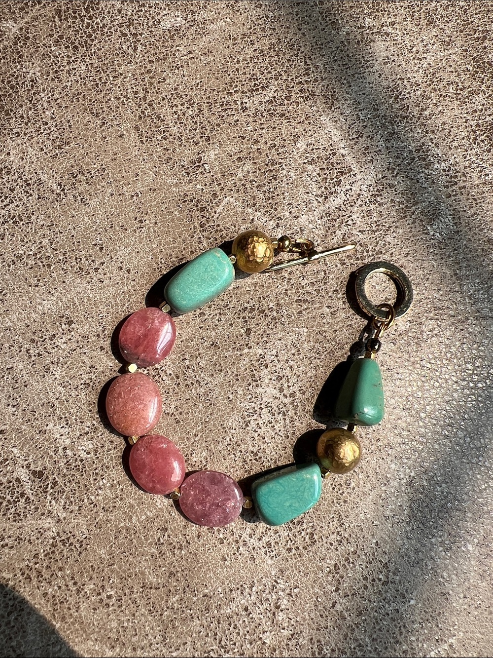 Handcrafted Pink & Teal Stone Bracelet with Gold Accents